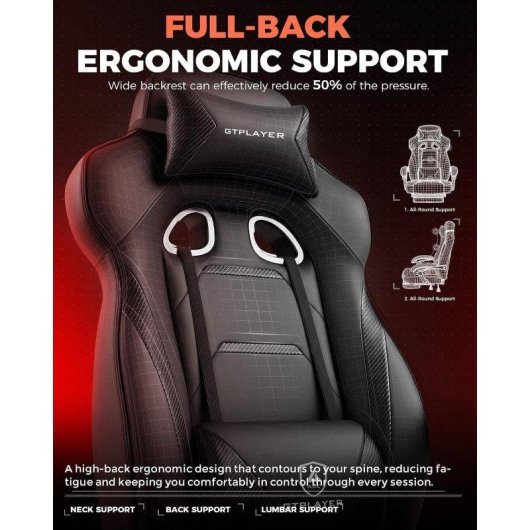 Silla gaming GTPLAYER ergonómica con reposapiés y soporte lumbar para personas grandes