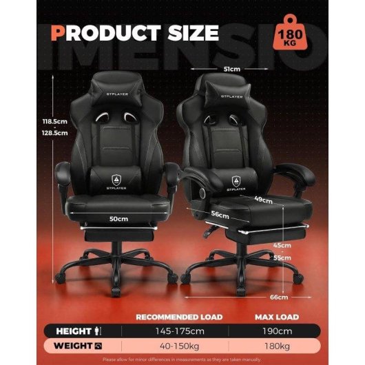 Silla gaming GTPLAYER ergonómica con reposapiés y soporte lumbar para personas grandes