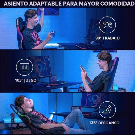 Silla Gaming GTPLAYER con Altavoces, Luz LED y Bolsillo Trasero - Negro
