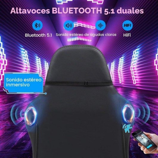 Silla Gaming GTPLAYER con Altavoces, Luz LED y Bolsillo Trasero - Negro
