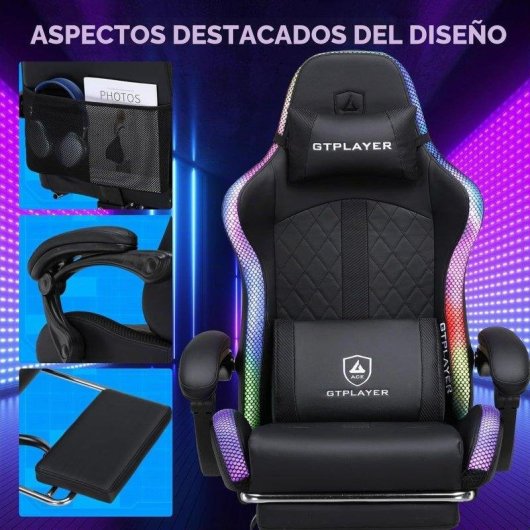 Silla Gaming GTPLAYER con Altavoces, Luz LED y Bolsillo Trasero - Negro
