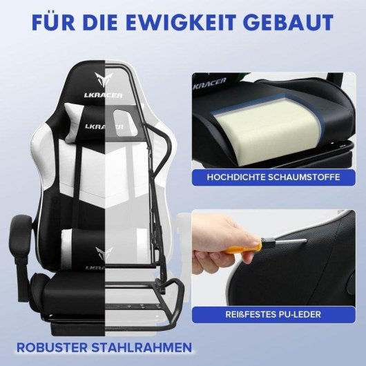 Sedia Gaming GTPLAYER con Poggiapiedi, Supporto Lombare, PVC Bianco