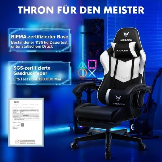 Sedia Gaming GTPLAYER con Poggiapiedi, Supporto Lombare, PVC Bianco