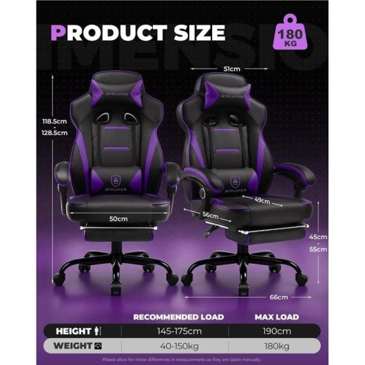 Chaise gaming GTPLAYER Ergonomique Repos-pieds 180 kg Lilas
