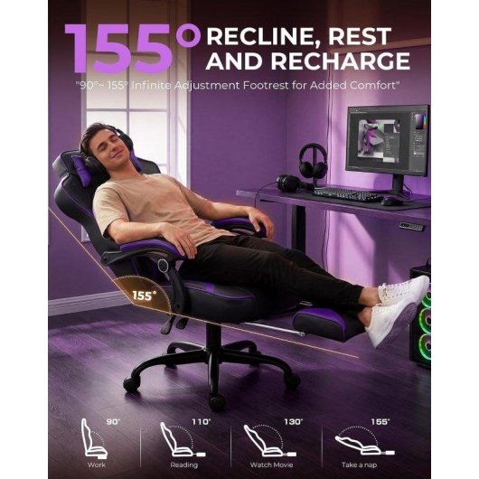 Chaise gaming GTPLAYER Ergonomique Repos-pieds 180 kg Lilas