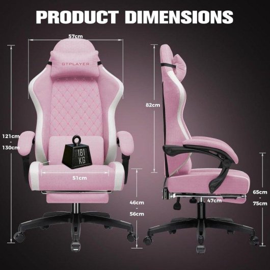 Silla Gaming GTPLAYER Transpirable Rosa con Reposapiés y Respaldo Reclinable