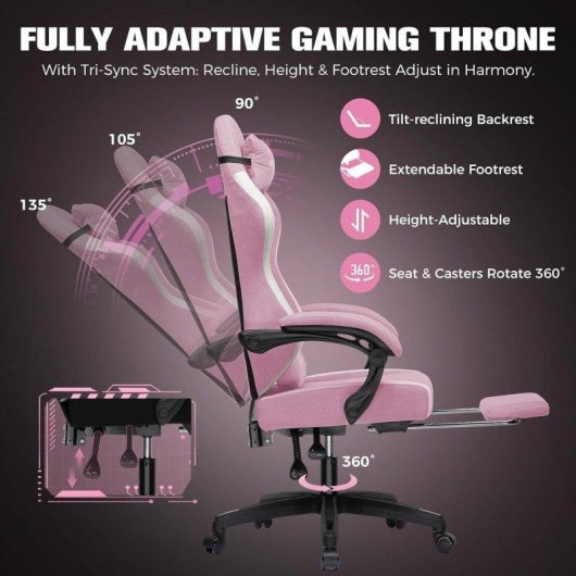 Silla Gaming GTPLAYER Transpirable Rosa con Reposapiés y Respaldo Reclinable