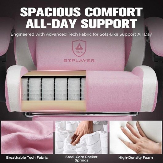 Silla Gaming GTPLAYER Transpirable Rosa con Reposapiés y Respaldo Reclinable