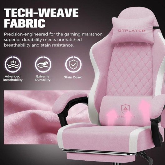 Silla Gaming GTPLAYER Transpirable Rosa con Reposapiés y Respaldo Reclinable