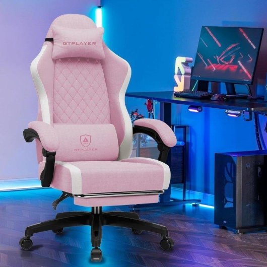 Silla Gaming GTPLAYER Transpirable Rosa con Reposapiés y Respaldo Reclinable