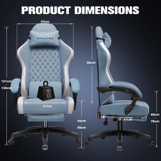 Silla Gaming GTPLAYER Ergonómica con Reposapiés Transpirable Azul Claro