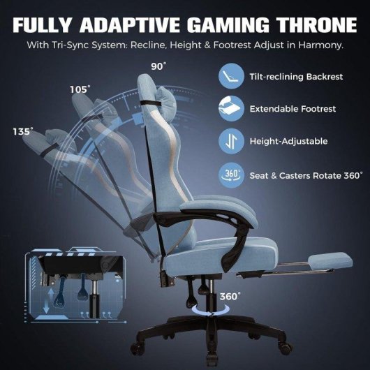 Silla Gaming GTPLAYER Ergonómica con Reposapiés Transpirable Azul Claro