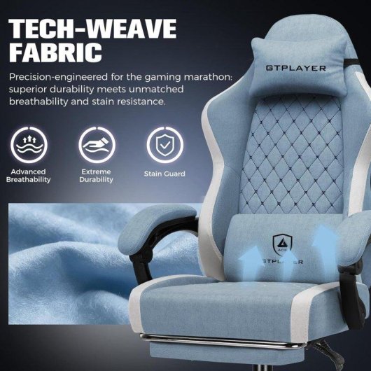 Silla Gaming GTPLAYER Ergonómica con Reposapiés Transpirable Azul Claro