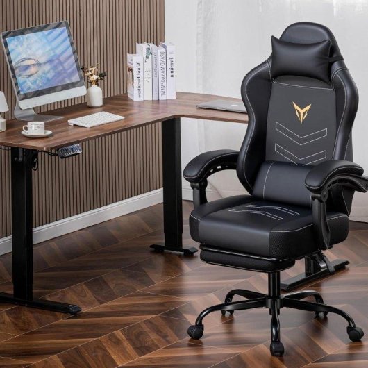 Gaming-Stuhl GTPLAYER mit Fußstütze PU-Leder Schwarz Verstellbar