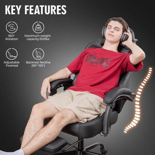 Gaming-Stuhl GTPLAYER mit Fußstütze PU-Leder Schwarz Verstellbar