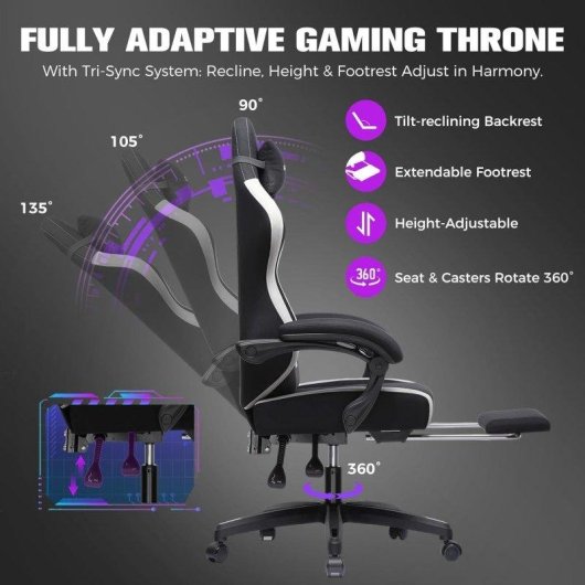 Silla Gaming GTPLAYER Ergonómica con Reposapiés Ajustable y Tela Transpirable