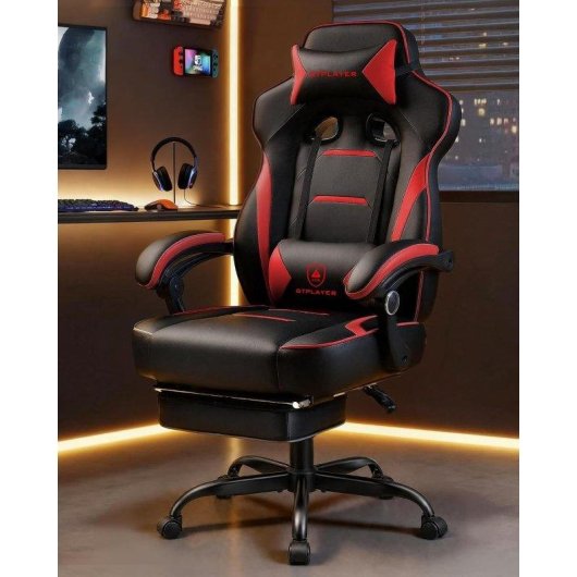 Chaise GTPLAYER Gaming Repose-pieds 180 kg Lombaire Reglable 155 deg Rouge