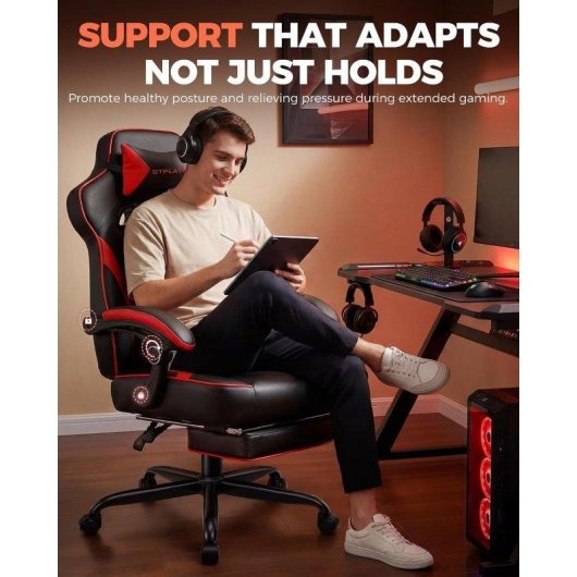 Chaise GTPLAYER Gaming Repose-pieds 180 kg Lombaire Reglable 155 deg Rouge