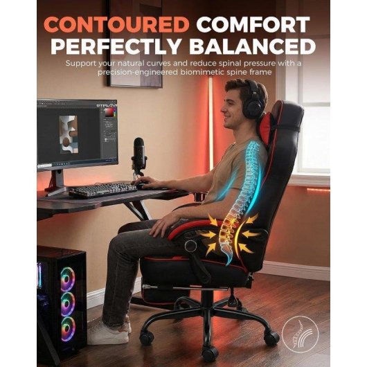 Chaise GTPLAYER Gaming Repose-pieds 180 kg Lombaire Reglable 155 deg Rouge