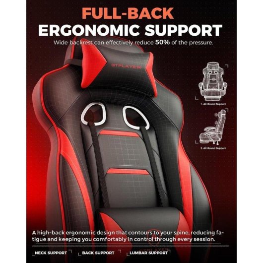 Chaise GTPLAYER Gaming Repose-pieds 180 kg Lombaire Reglable 155 deg Rouge