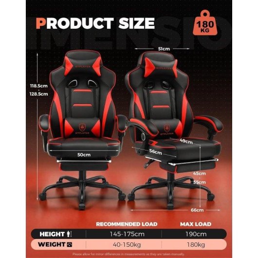 Chaise GTPLAYER Gaming Repose-pieds 180 kg Lombaire Reglable 155 deg Rouge