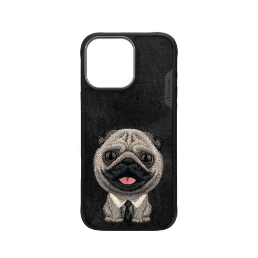 Funda para móvil Nimmy Big-eye 3D Bordada Black Pug para iPhone 16 Pro