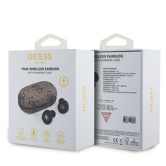 Auriculares Guess TWS polipiel 4G ENC sem fios com estojo de carregamento castanho