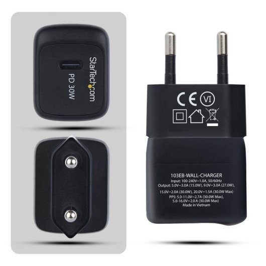 Cargador de pared StarTech USB-C 30W GaN Portátil carga rápida Power Delivery