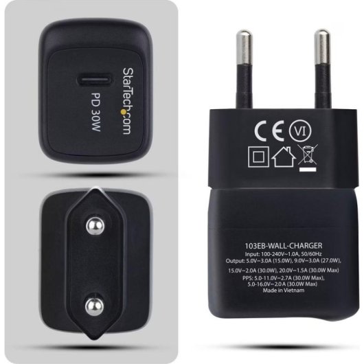 Cargador de pared StarTech USB-C 30W GaN Portátil carga rápida Power Delivery