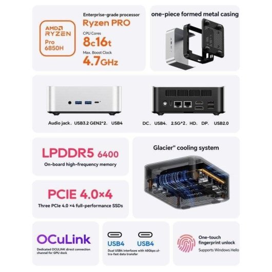 Mini PC AOOSTAR MACO 6850H AMD Ryzen 7 6850H/24GB/1TB SSD/Radeon 780M Windows 11 2x LAN 2.5G