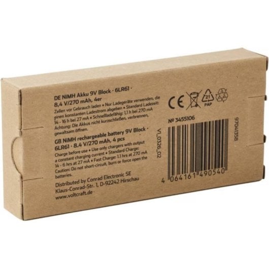 Pila ricaricabile 9V NiMH Voltcraft 270 mAh Pack 4