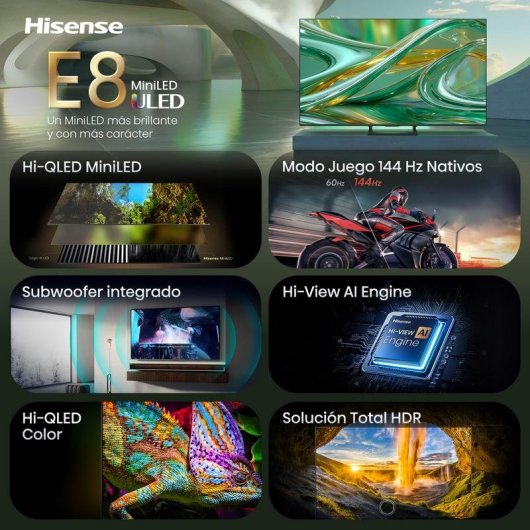 TV Hisense QLED 55E8S 55" 4K UltraHD 144Hz Smart TV HomeOS HDR10+ Dolby Vision Subwoofer