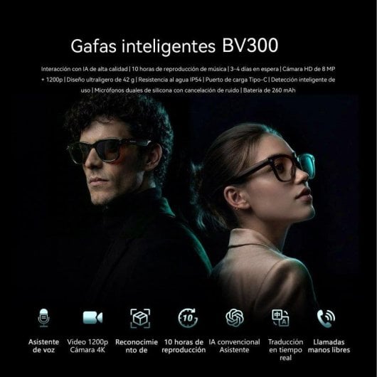 Blackview BV300 Gafas Inteligentes Cámara HD IA Integrada Altavoces Bluetooth Fotocromáticas