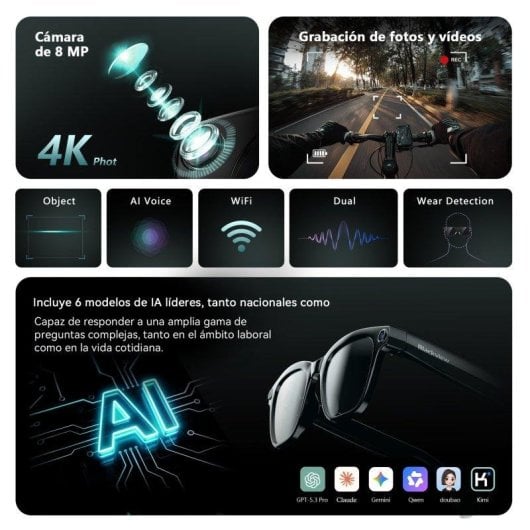 Blackview BV300 Gafas Inteligentes Cámara HD IA Integrada Altavoces Bluetooth Fotocromáticas