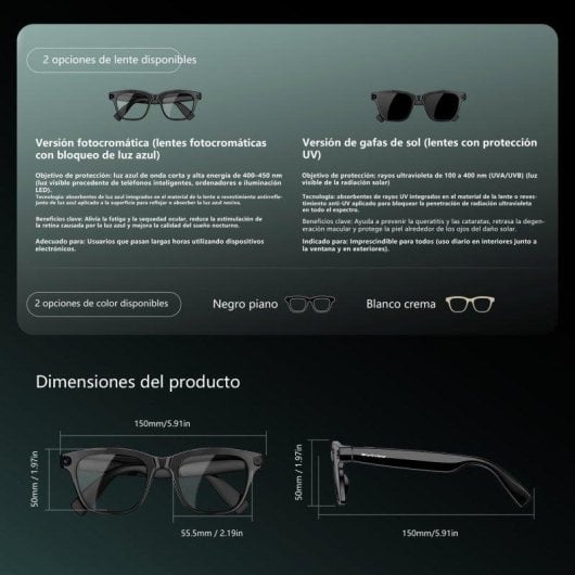 Blackview BV300 Gafas Inteligentes Cámara HD IA Integrada Altavoces Bluetooth Fotocromáticas