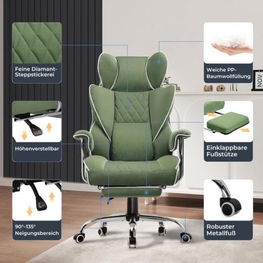 Gtplayer Gaming Chair With Spring Lumbar Support, Footrest, 180kg - Green
