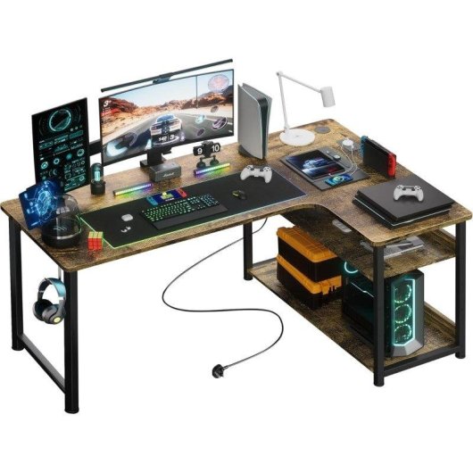 Mesa Gaming GTPLAYER L 120x80 Superficie Fibra de Carbono Estante Marrón
