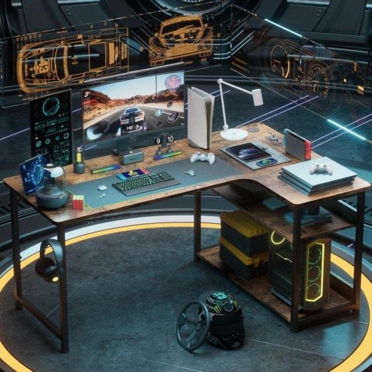 Mesa Gaming GTPLAYER L 120x80 Superficie Fibra de Carbono Estante Marrón