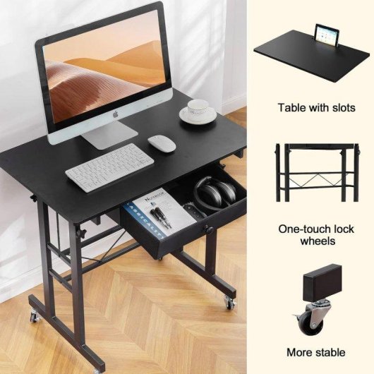 Bureau GTPLAYER Gaming Elevable 80x50 Tiroirs Roues Noir