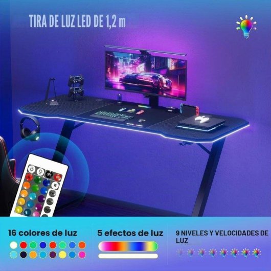 Schreibtisch GTPLAYER Gaming Tisch 120x60 LED Kopfhörerhalter - Schwarz