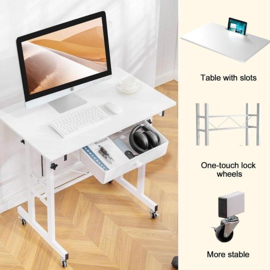 Bureau GTPLAYER Elevable 80x50 Roues Tiroirs Blanc