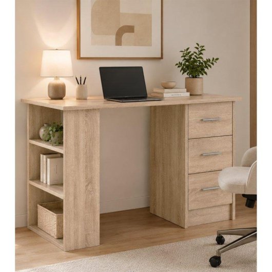 Mesa de escritorio Home Heavenly Deski con cajonera de 3 cajones y estantería abierta beige