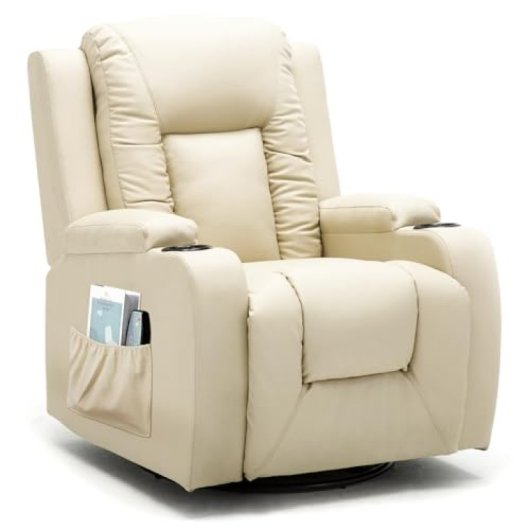 Sillón Relax Para Tv Con Respaldo Y Reposapiés Ajustables, Sillón Lounge 360° Giratorio De Cuero Pu Con Portavasos Y Bolsillos Laterales, Soporte Ergonómico Para Cuerpo Completo - Blanco