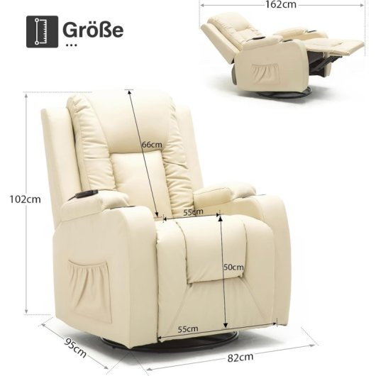 Sillón Relax Para Tv Con Respaldo Y Reposapiés Ajustables, Sillón Lounge 360° Giratorio De Cuero Pu Con Portavasos Y Bolsillos Laterales, Soporte Ergonómico Para Cuerpo Completo - Blanco