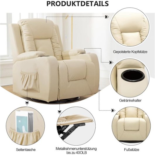 Sillón Relax Para Tv Con Respaldo Y Reposapiés Ajustables, Sillón Lounge 360° Giratorio De Cuero Pu Con Portavasos Y Bolsillos Laterales, Soporte Ergonómico Para Cuerpo Completo - Blanco