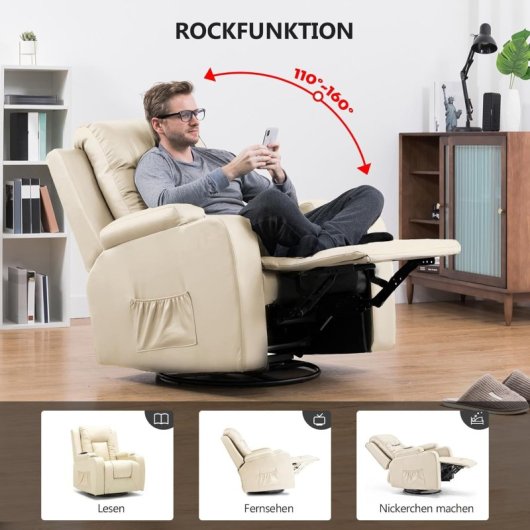 Sillón Relax Para Tv Con Respaldo Y Reposapiés Ajustables, Sillón Lounge 360° Giratorio De Cuero Pu Con Portavasos Y Bolsillos Laterales, Soporte Ergonómico Para Cuerpo Completo - Blanco