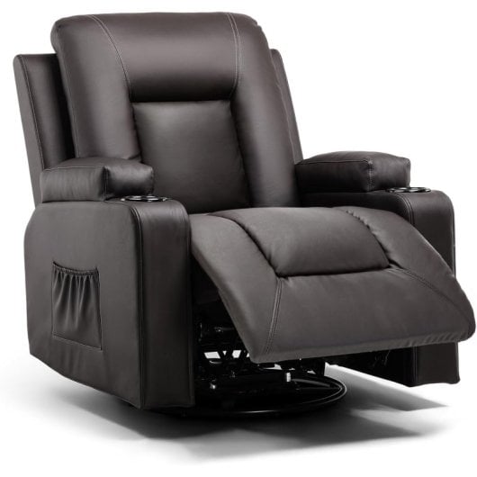 Sillón Relax Para Tv Con Respaldo Y Reposapiés Ajustables, Sillón Lounge 360° Giratorio De Cuero Pu Con Portavasos Y Bolsillos Laterales, Soporte Ergonómico Para Cuerpo Completo - Marrón
