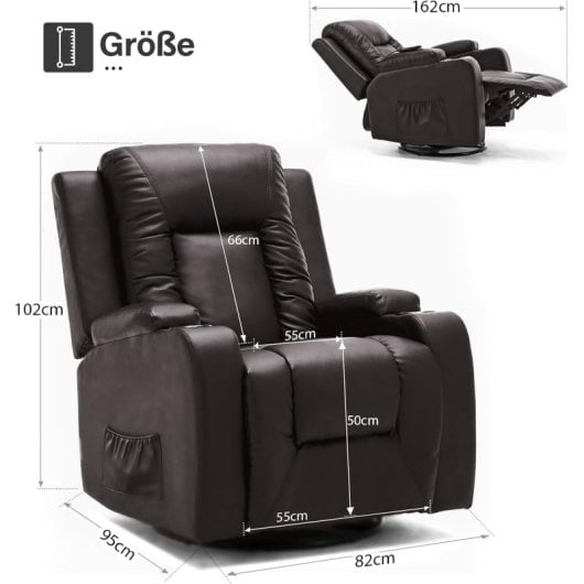 Sillón Relax Para Tv Con Respaldo Y Reposapiés Ajustables, Sillón Lounge 360° Giratorio De Cuero Pu Con Portavasos Y Bolsillos Laterales, Soporte Ergonómico Para Cuerpo Completo - Marrón