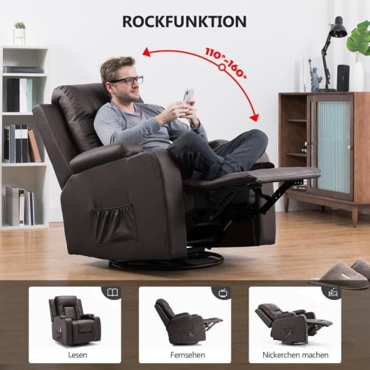 Sillón Relax Para Tv Con Respaldo Y Reposapiés Ajustables, Sillón Lounge 360° Giratorio De Cuero Pu Con Portavasos Y Bolsillos Laterales, Soporte Ergonómico Para Cuerpo Completo - Marrón