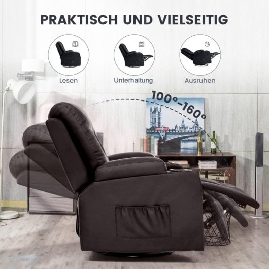 Sillón Relax Para Tv Con Respaldo Y Reposapiés Ajustables, Sillón Lounge 360° Giratorio De Cuero Pu Con Portavasos Y Bolsillos Laterales, Soporte Ergonómico Para Cuerpo Completo - Marrón